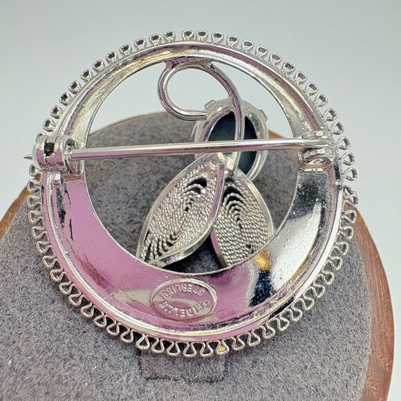 VTG Sterling SIlver 925 Hematite Flower Design Circle Brooch Size 1" Diameter - Picture 8 of 12